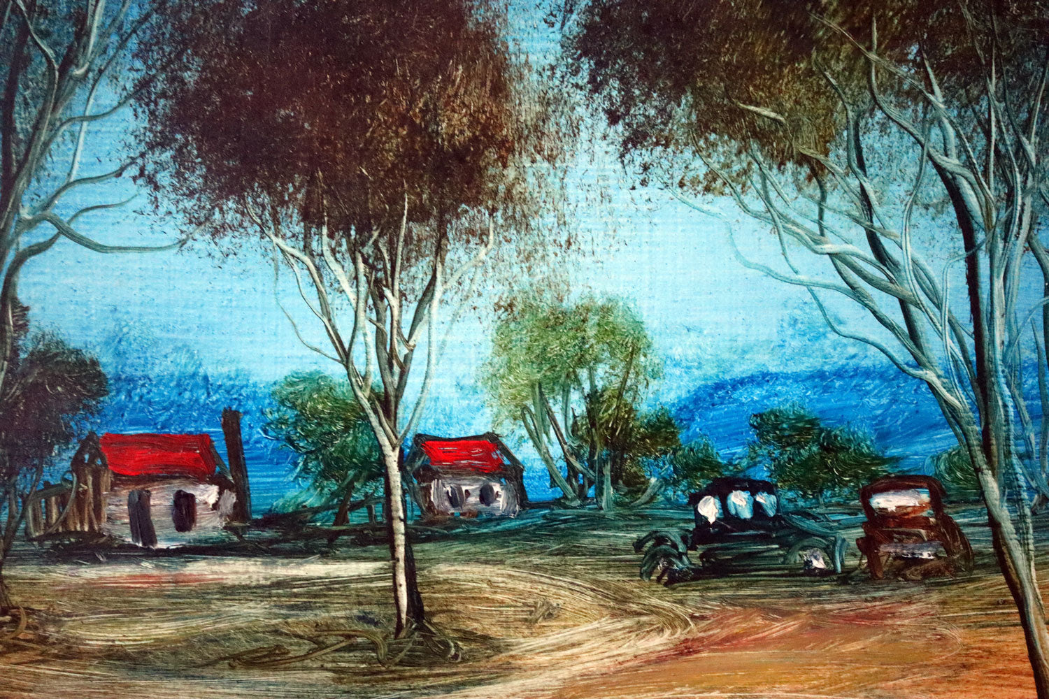 Pro Hart (1928-2006) - Large Original Oil Painting On Board 'The Old Homestead with Two Cars' - 25cm x 20cm