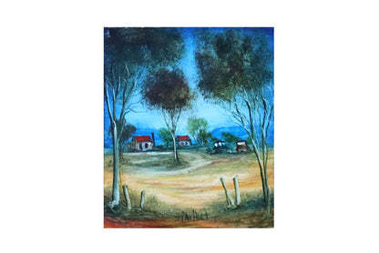 Pro Hart (1928-2006) - Large Original Oil Painting On Board 'The Old Homestead with Two Cars' - 25cm x 20cm