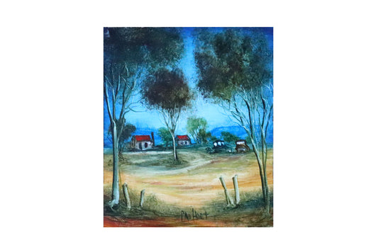 Pro Hart (1928-2006) - Large Original Oil Painting On Board 'The Old Homestead with Two Cars' - 25cm x 20cm