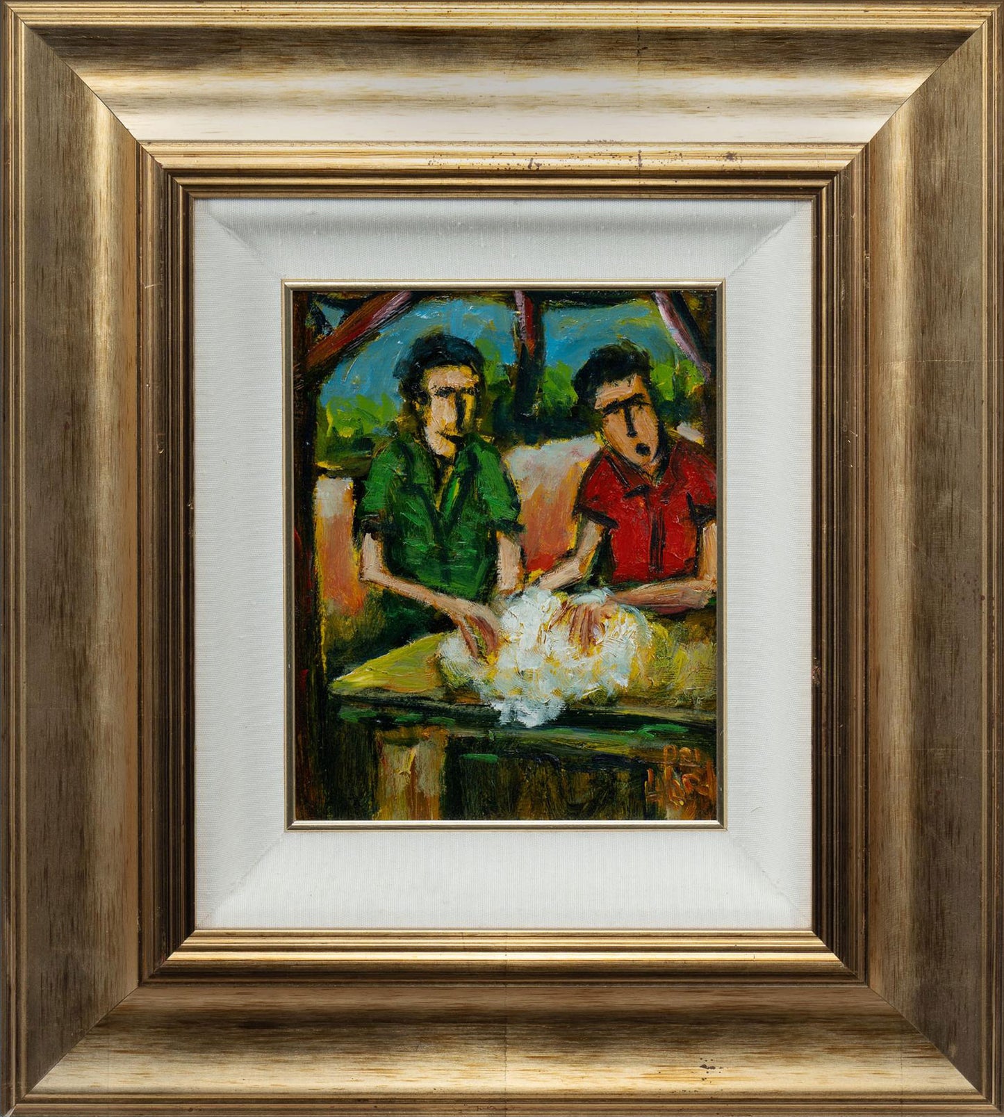 Pro Hart (1928-2006) - Original Oil Painting On Board 'Wool Classers' - 20cm x 16cm