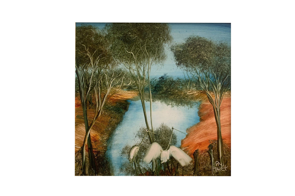 Pro Hart (1928-2006) - Large Original Oil Painting On Board 'Swamp Birds' 29cm x 29cm