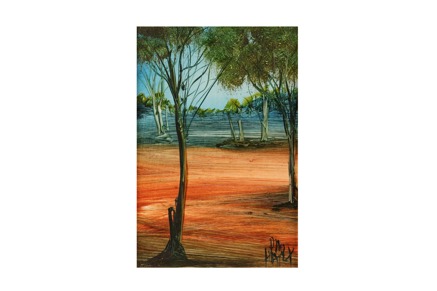 Pro Hart (1928-2006) - Original Oil Painting On Board 'Landscape With Trees" 21cm x 13cm