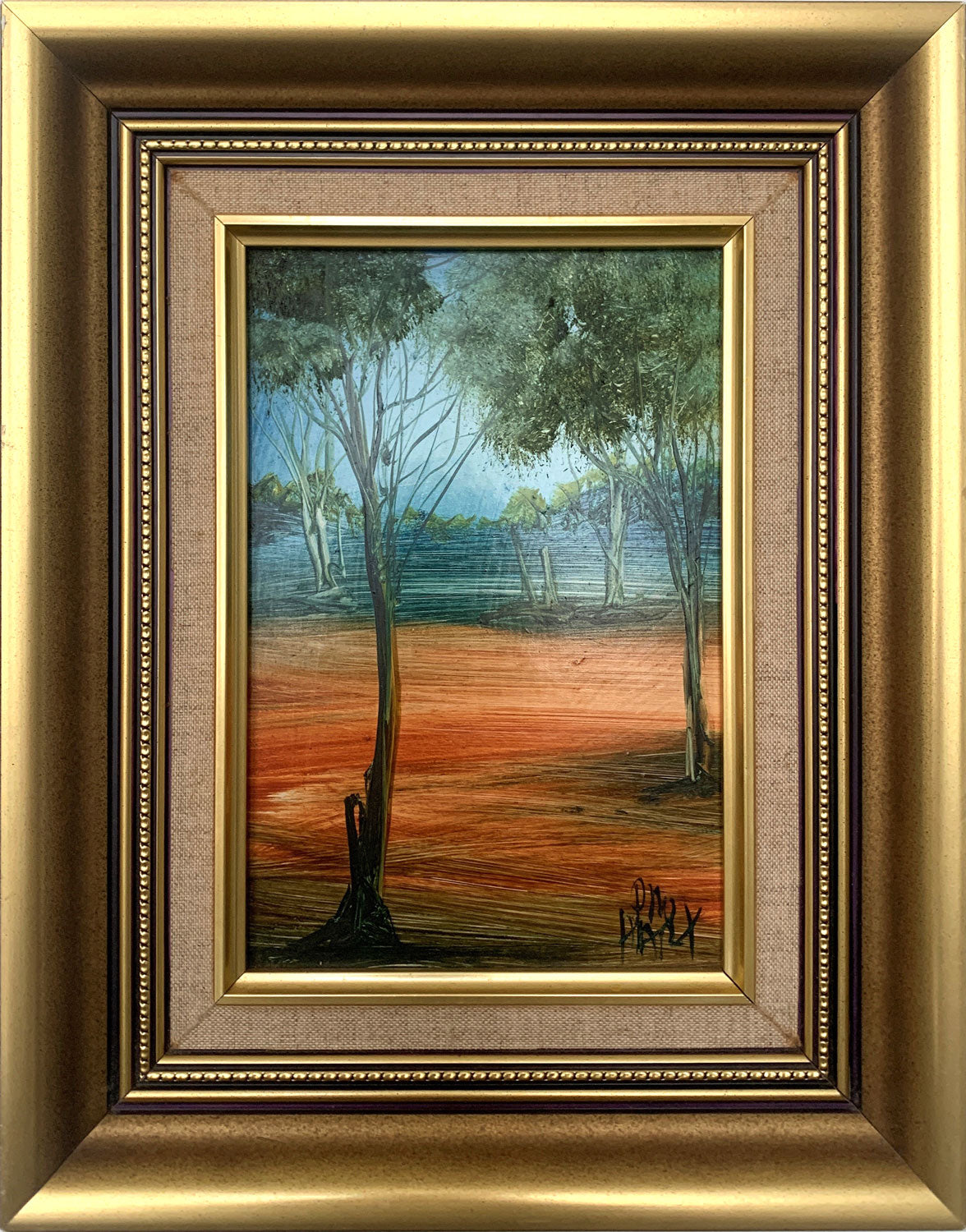 Pro Hart (1928-2006) - Original Oil Painting On Board 'Landscape With Trees" 21cm x 13cm