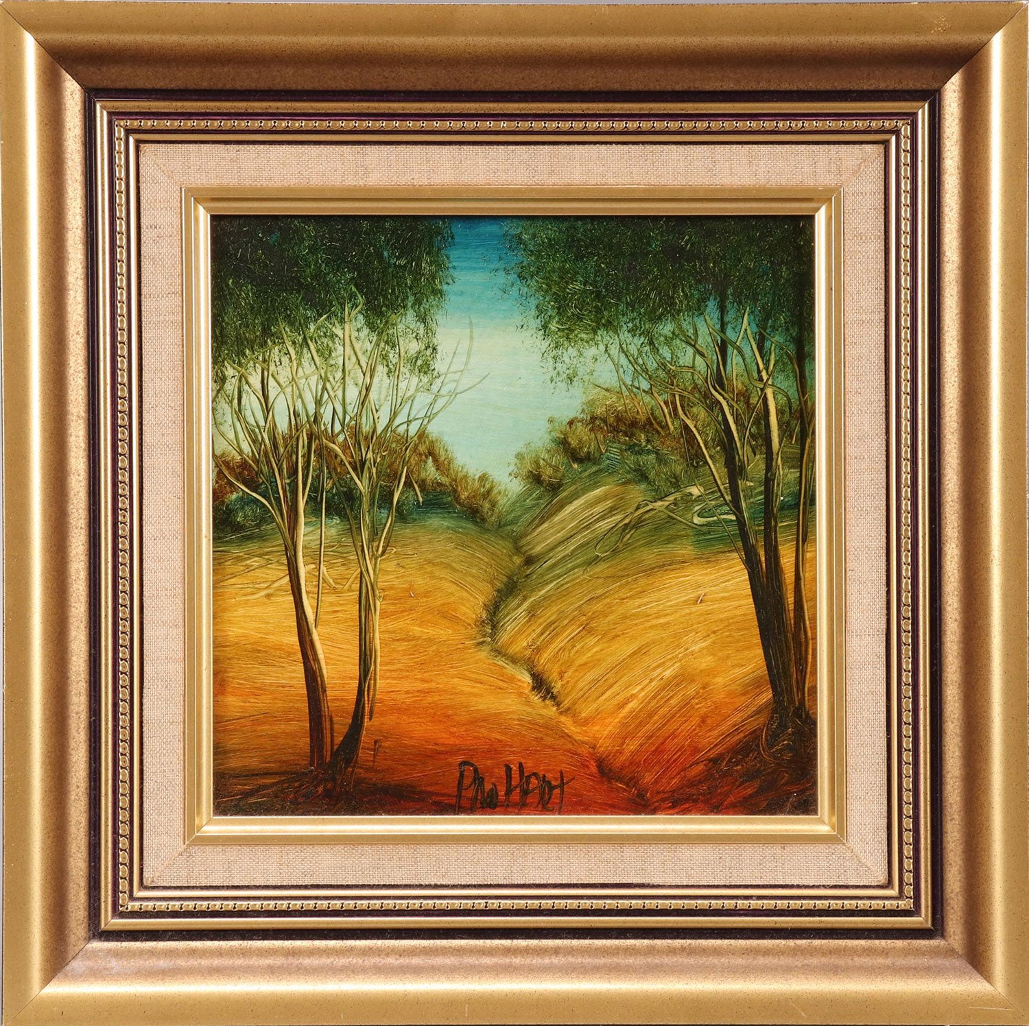 Pro Hart (1928-2006) - Original Oil Painting On Board 'Landscape With Gully" 18.5cm x 18.5cm