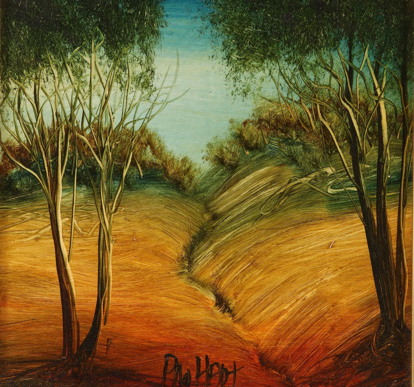 Pro Hart (1928-2006) - Original Oil Painting On Board 'Landscape With Gully" 18.5cm x 18.5cm