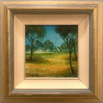 Pro Hart (1928-2006) Original Oil Painting on Board "Outback Landscape" - 19cm x 19cm