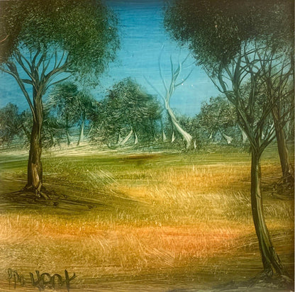 Pro Hart (1928-2006) Original Oil Painting on Board "Outback Landscape" - 19cm x 19cm