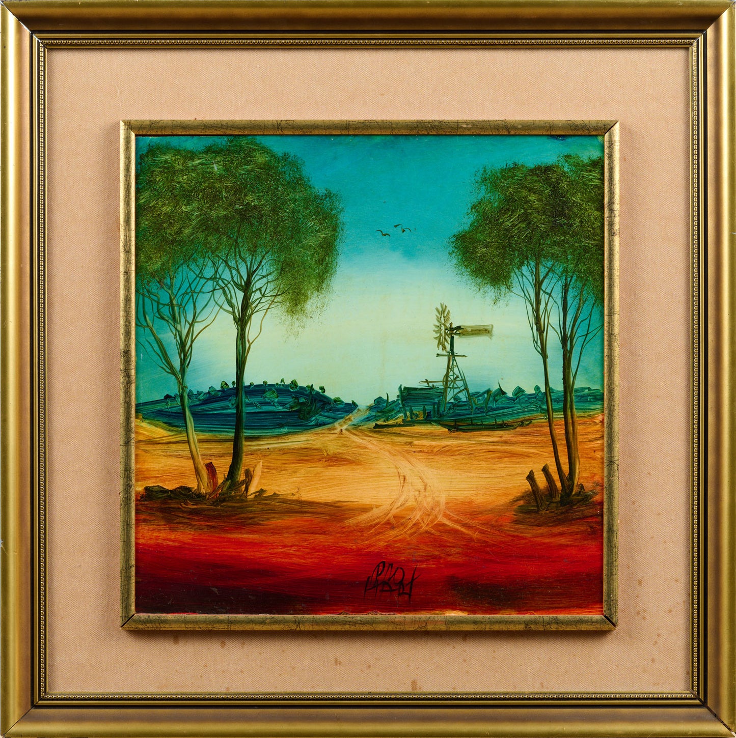 Pro Hart (1928-2006) XLarge Original Oil Painting On Board 'Road to Mine' 40.5cm x 39.5cm