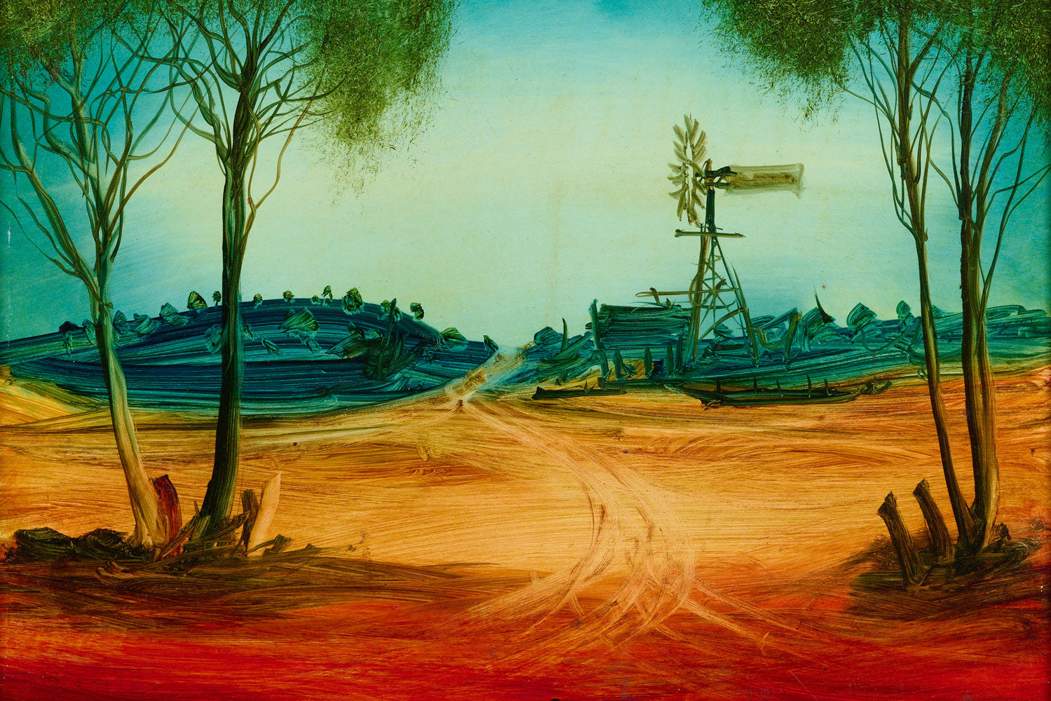 Pro Hart (1928-2006) XLarge Original Oil Painting On Board 'Road to Mine' 40.5cm x 39.5cm