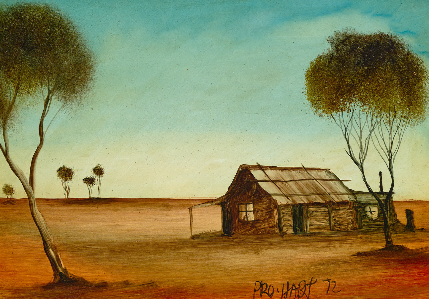 Pro Hart (1928-2006) - Large Original Oil Painting On Board 'Hut Study"  24cm x 34cm