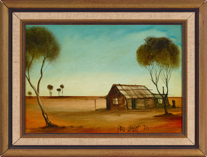 Pro Hart (1928-2006) - Large Original Oil Painting On Board 'Hut Study"  24cm x 34cm