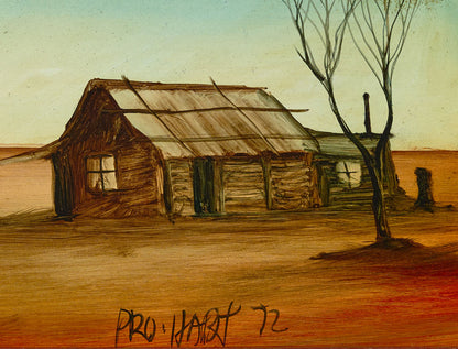 Pro Hart (1928-2006) - Large Original Oil Painting On Board 'Hut Study"  24cm x 34cm