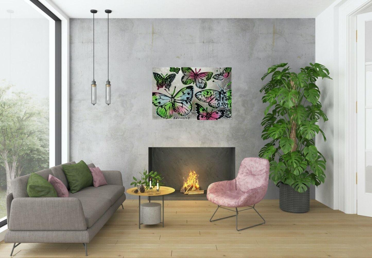 David Bromley (1960 - ) Large Original Polymer on Canvas 'Butterflies' 90cm x 60cm