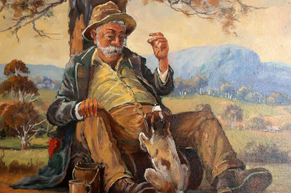 D'Arcy Doyle (1932-2001) Large Original Oil Painting on Board 'Swagman and his Dog' 24.5cm x 29.5cm