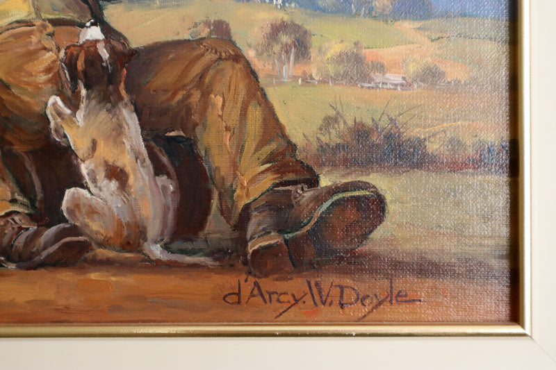 D'Arcy Doyle (1932-2001) Large Original Oil Painting on Board 'Swagman and his Dog' 24.5cm x 29.5cm