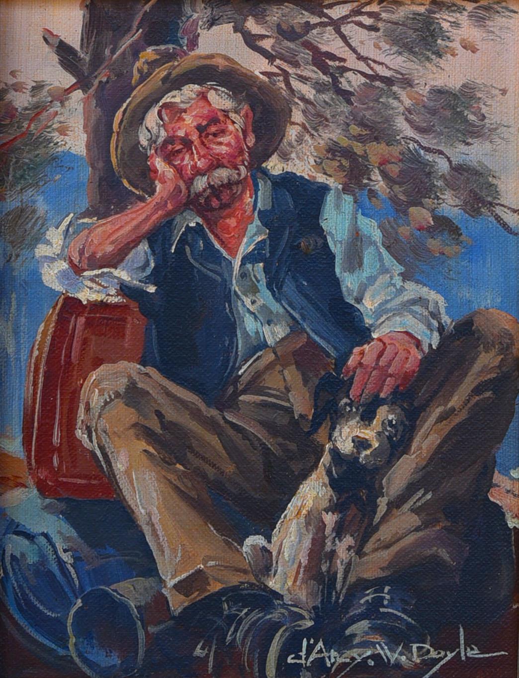 D'Arcy Doyle (1932-2001) Original Oil Painting on Board 'Old Man and Best Companion' 19.5cm x 15cm