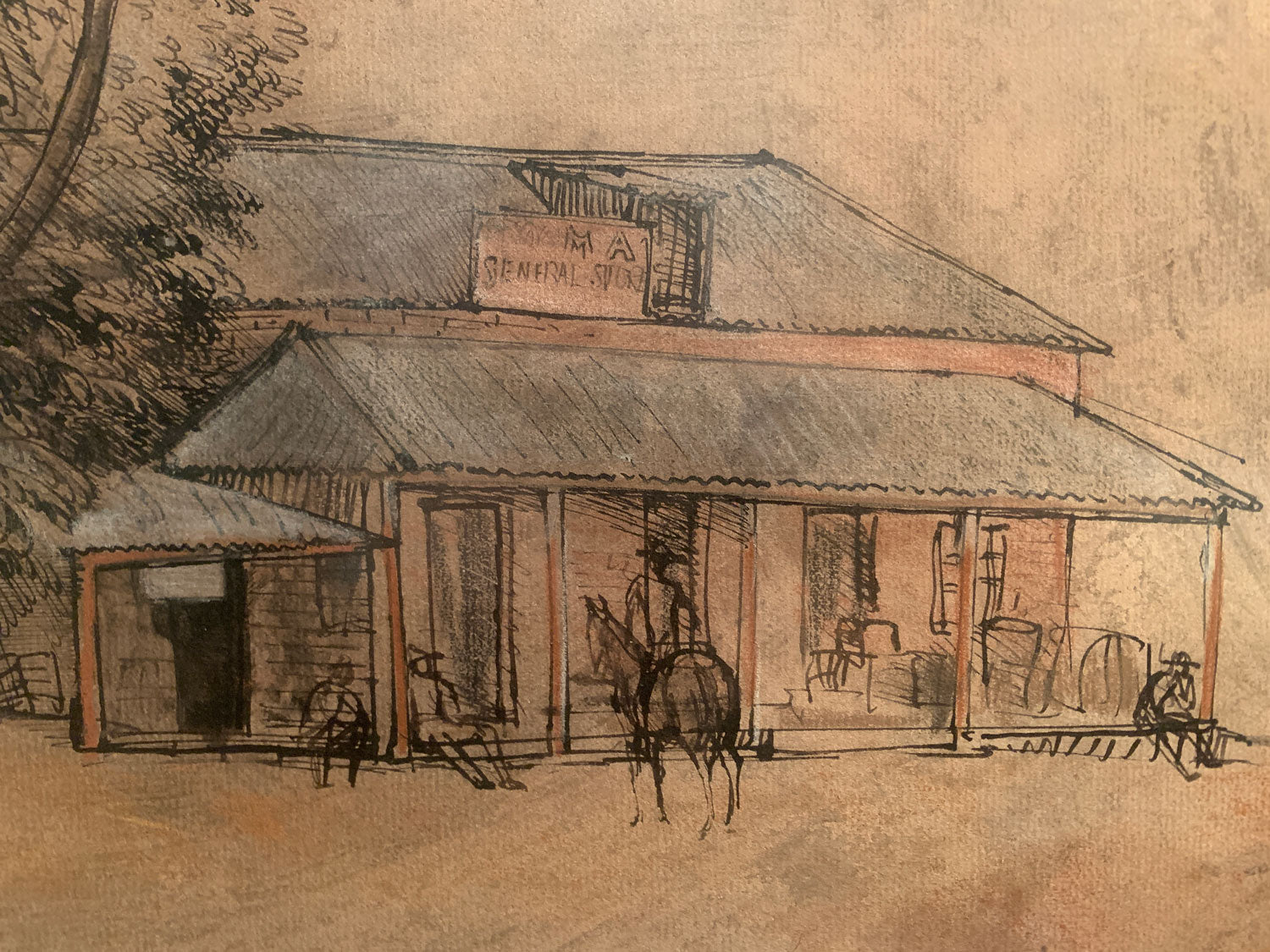 Donald Friend (1915-1989) Original Mixed Media 'The Pub & Store At Tooma' 30cm x 47cm