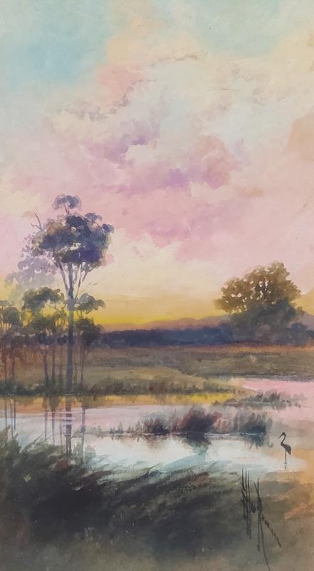 Ellis Rowan (1848-1922) - Original Watercolour Painting - Sunset Brook 27cm x 15cm