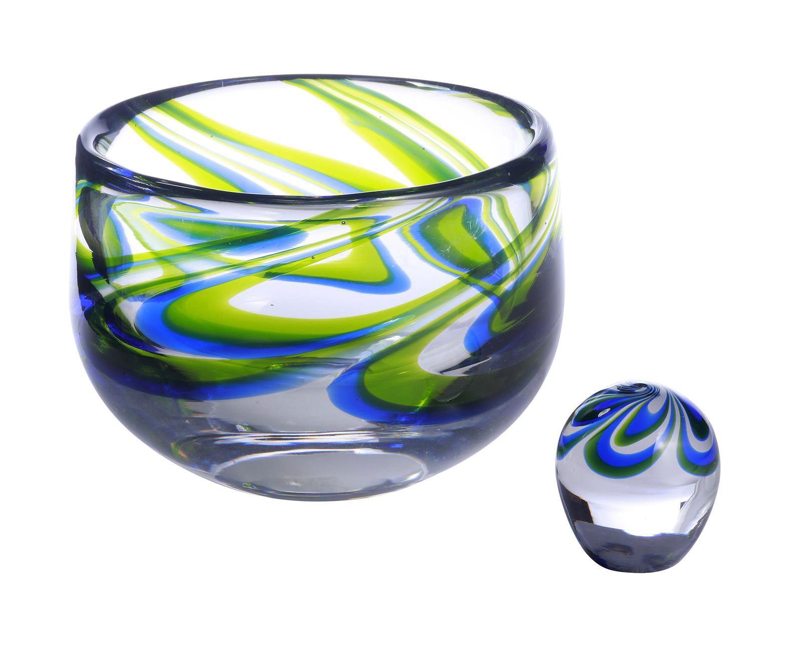 Goran Warff (1933–2022), Sweden, Signed Set of Glass Bowl & Paperweight