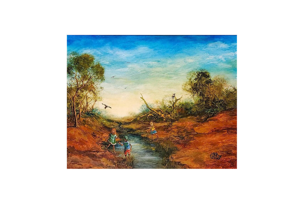 John Cobby (b.1957) Large Original Oil on Board 'Playtime at the Creek' - 49cm x 39cm