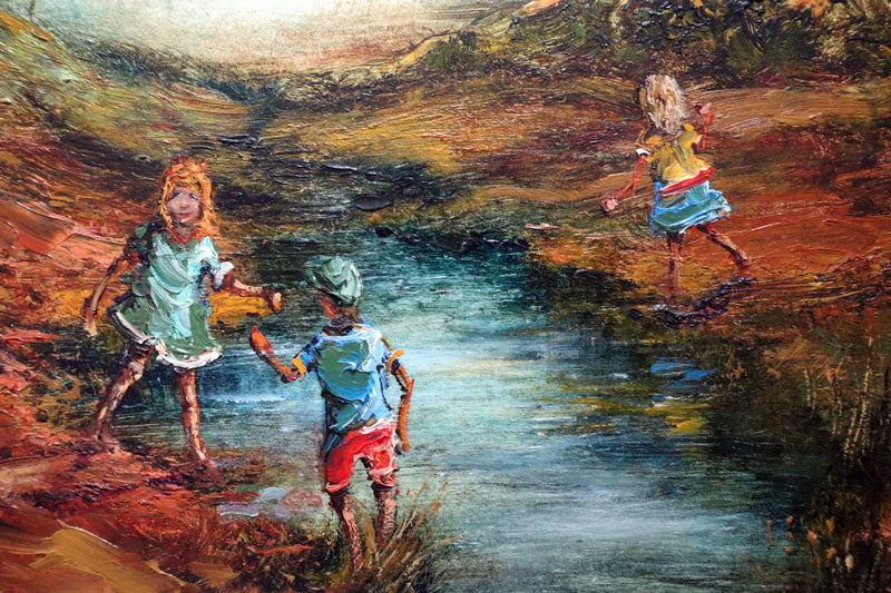 John Cobby (b.1957) Large Original Oil on Board 'Playtime at the Creek' - 49cm x 39cm