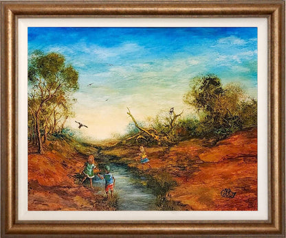 John Cobby (b.1957) Large Original Oil on Board 'Playtime at the Creek' - 49cm x 39cm