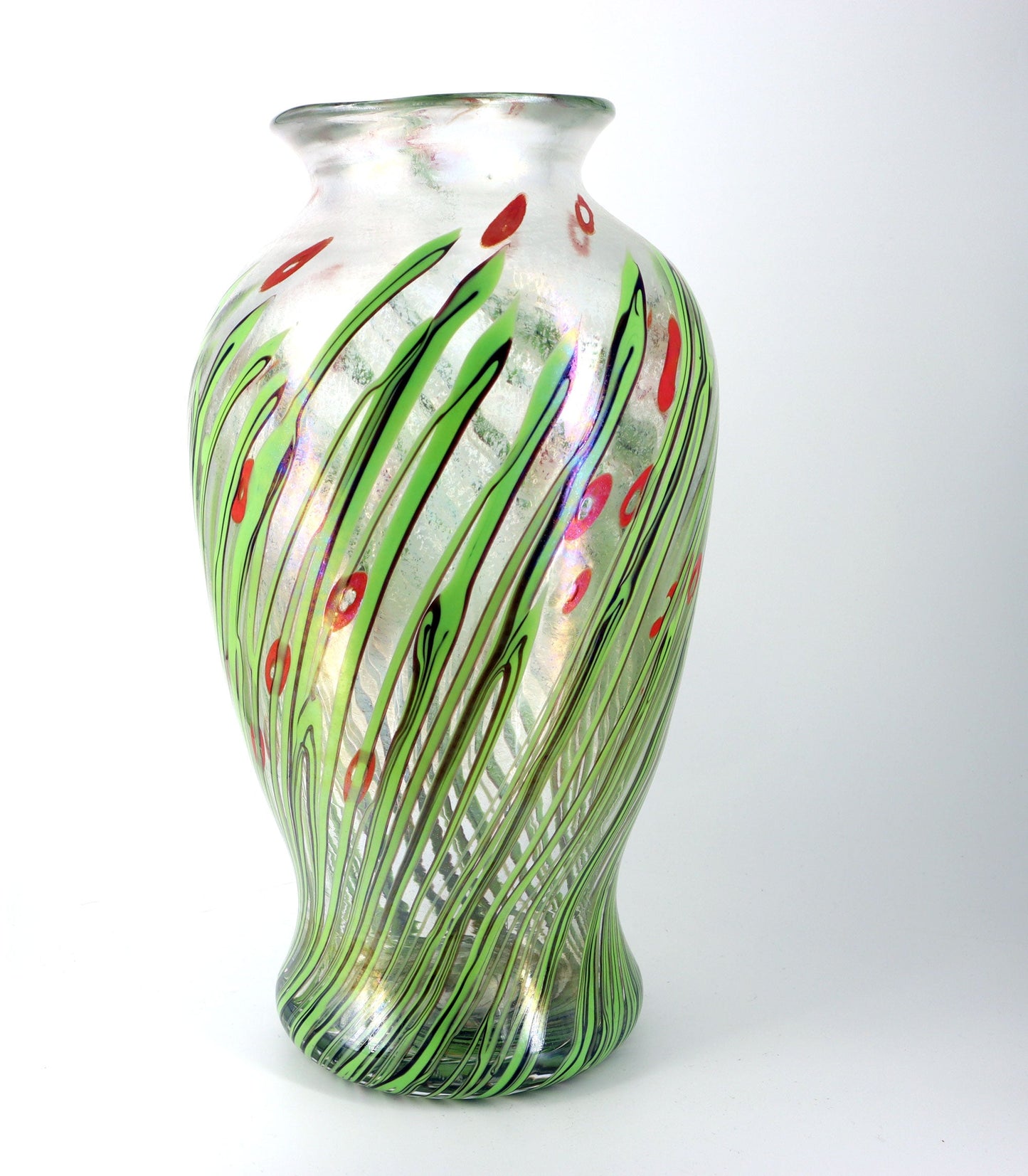 Licio Zanetti Large Murano, Italy Signed Floral and Iridato Glass Vase 38cm