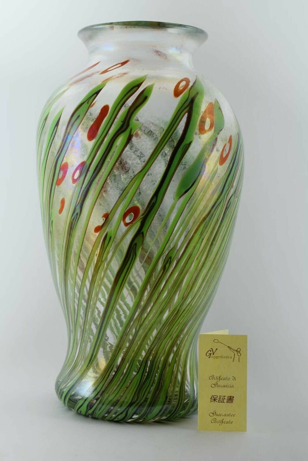 Licio Zanetti Large Murano, Italy Signed Floral and Iridato Glass Vase 38cm