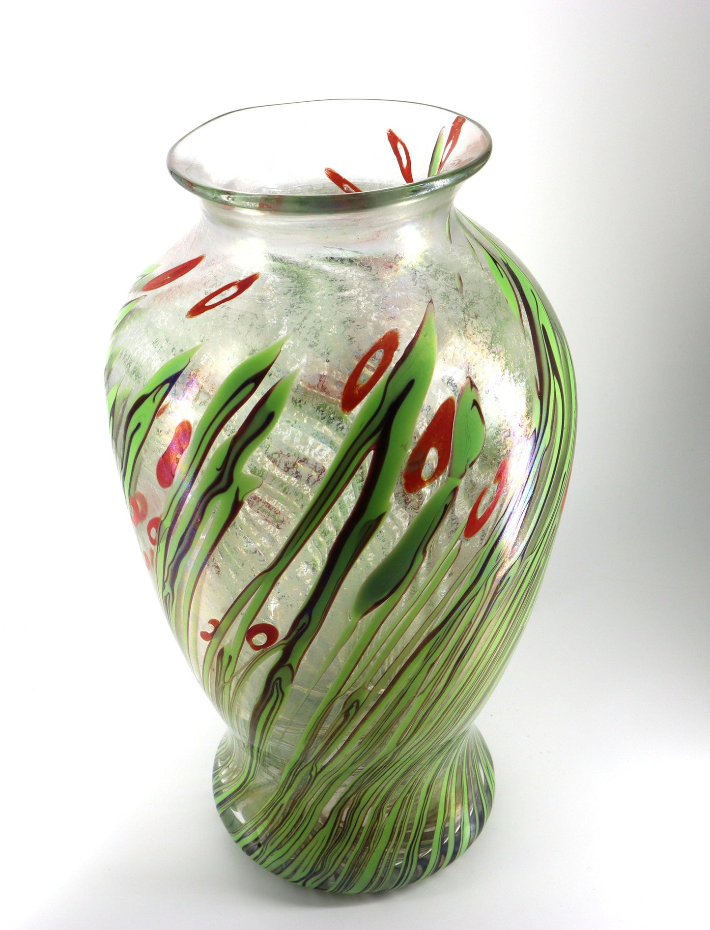 Licio Zanetti Large Murano, Italy Signed Floral and Iridato Glass Vase 38cm