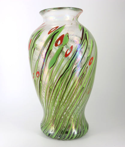 Licio Zanetti Large Murano, Italy Signed Floral and Iridato Glass Vase 38cm