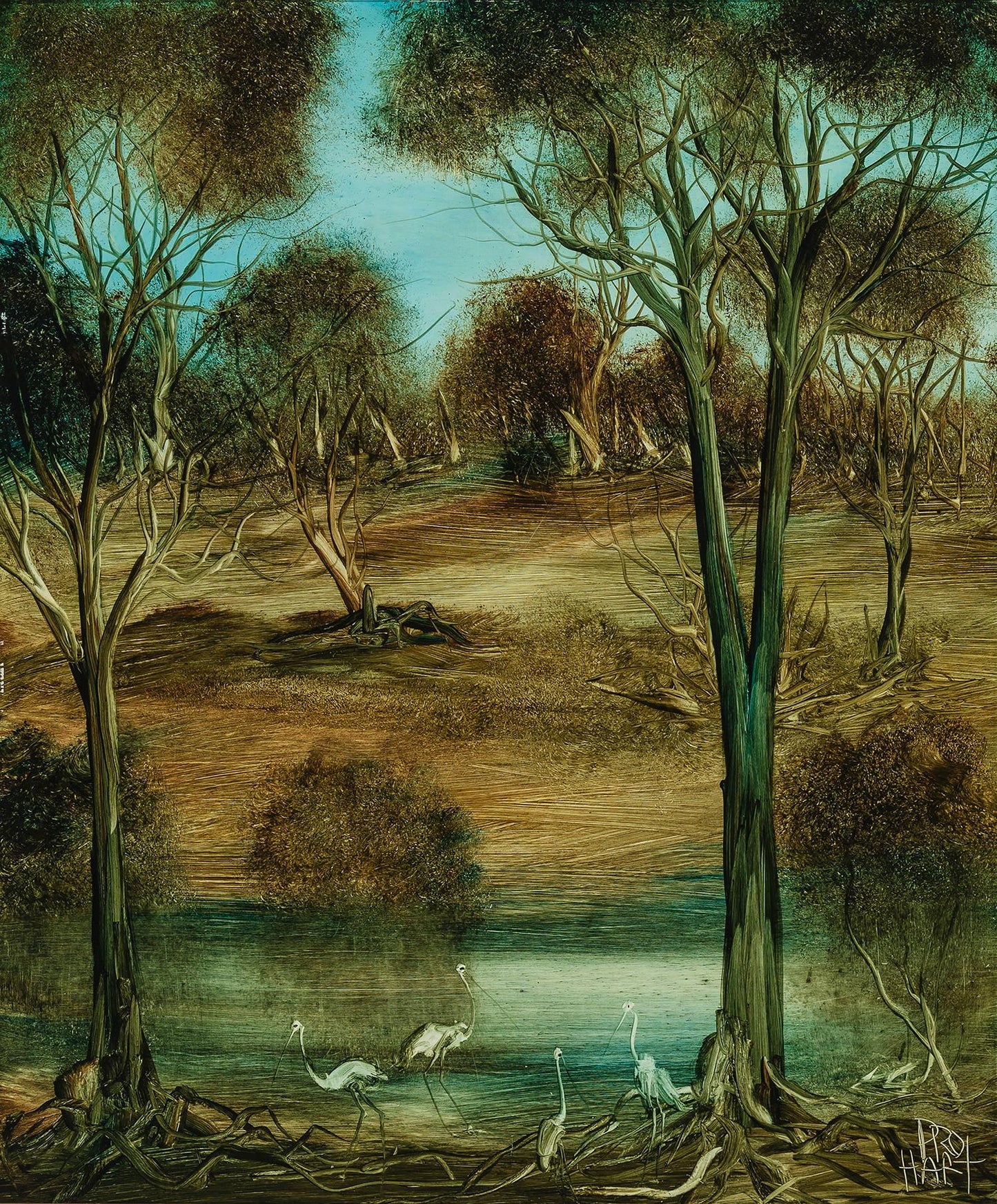 Pro Hart (1928-2006) - Very Large Original Oil Painting On Board 'Waterbirds' 59.5cm x 49.5cm