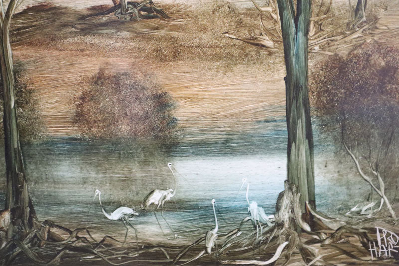 Pro Hart (1928-2006) - Very Large Original Oil Painting On Board 'Waterbirds' 59.5cm x 49.5cm