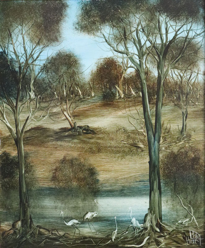 Pro Hart (1928-2006) - Very Large Original Oil Painting On Board 'Waterbirds' 59.5cm x 49.5cm