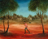 Pro Hart (1928-2006) - Original Oil on Board "Figure in Outback Landscape" - 29cm x 35.5cm