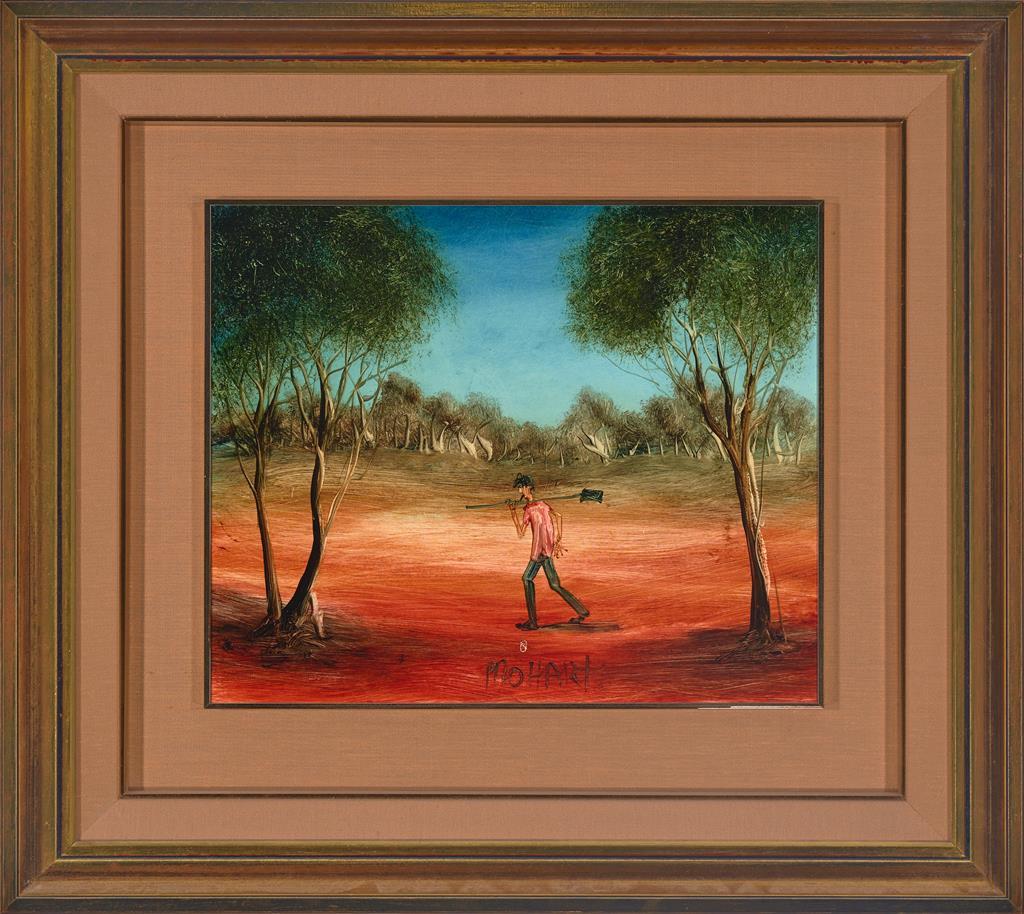 Pro Hart (1928-2006) - Original Oil on Board "Figure in Outback Landscape" - 29cm x 35.5cm