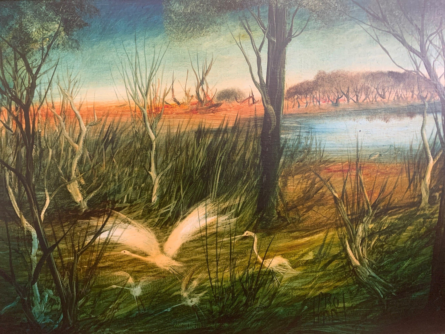 Pro Hart (1928-2006) - Swamp with Waterbirds - Oil on Board