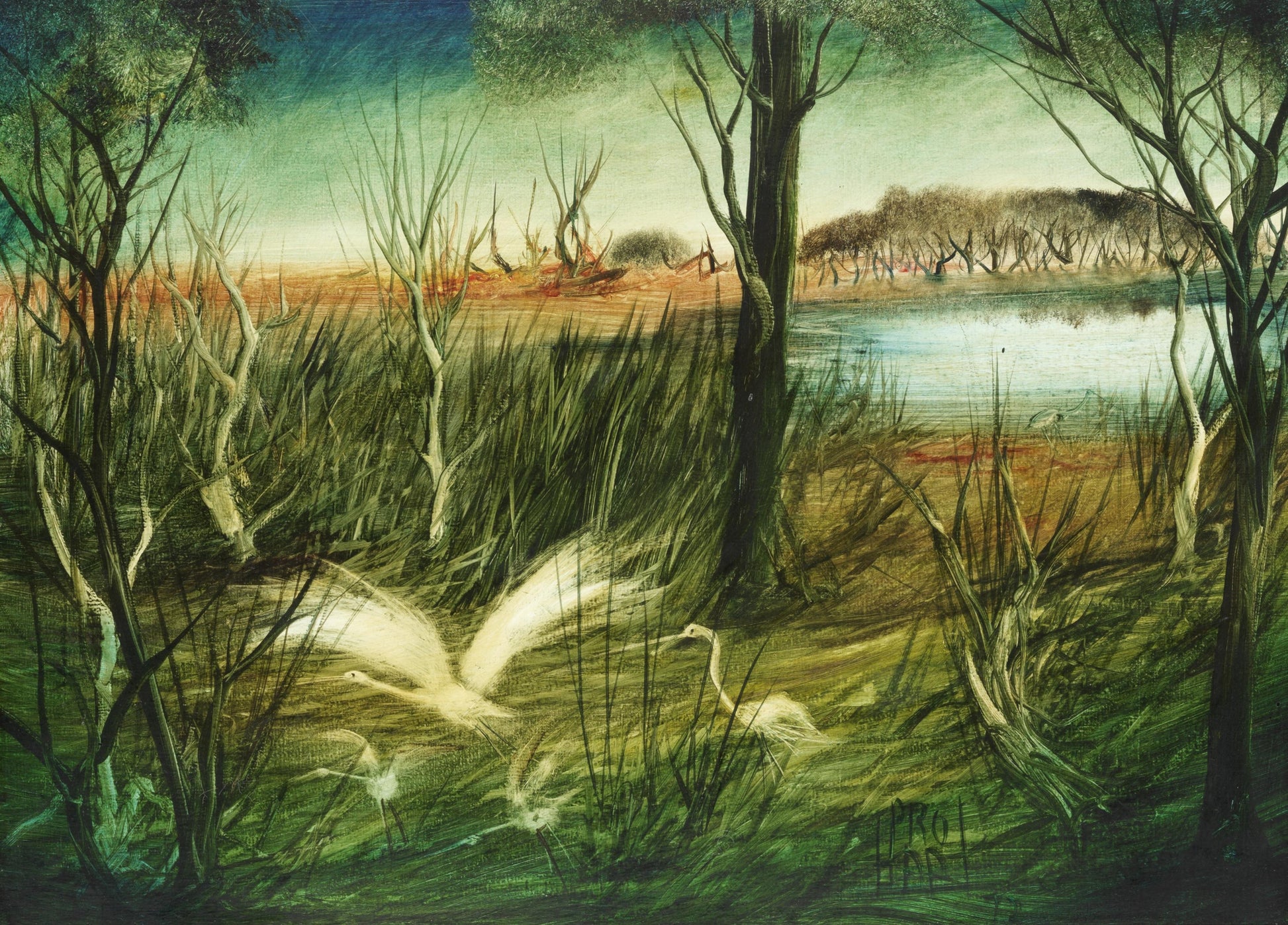 Pro Hart (1928-2006) - Swamp with Waterbirds - Oil on Board