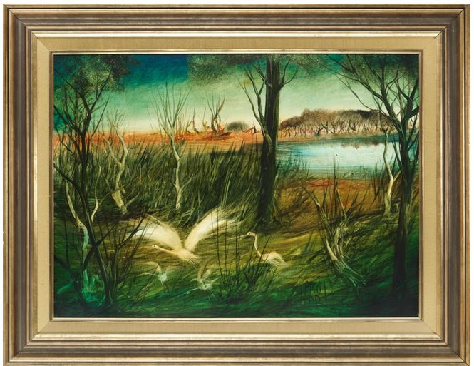 Pro Hart (1928-2006) - Swamp with Waterbirds - Oil on Board