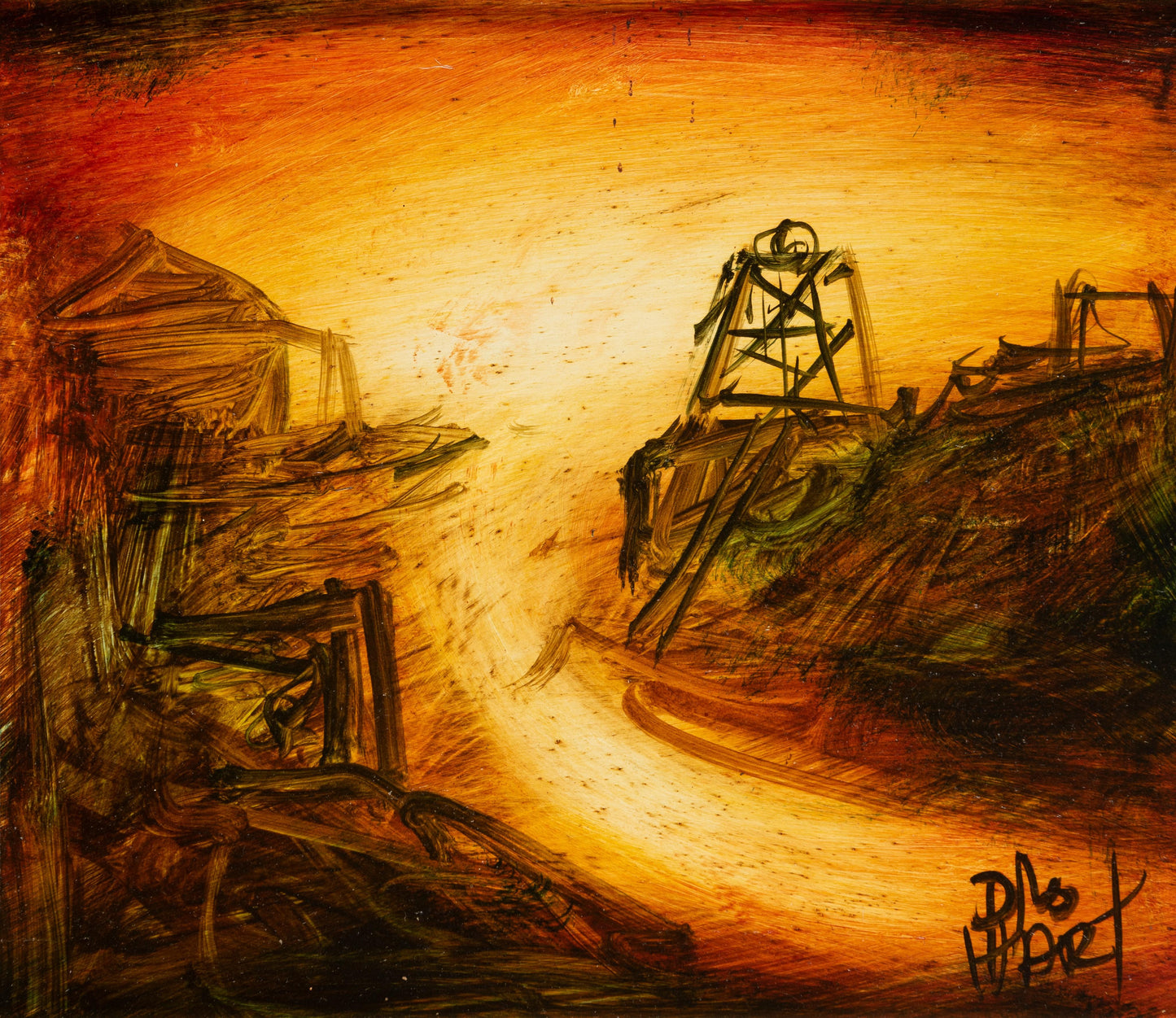 Pro Hart (1928-2006) - Original Oil Painting On Board with COA 'Broken Hill Mine' - 21cm x 24.5cm