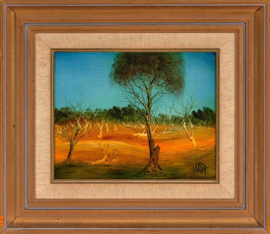 Pro Hart (1928-2006) - Original Oil Painting with COA 'Outback Landscape' - 28.5cm x 36cm