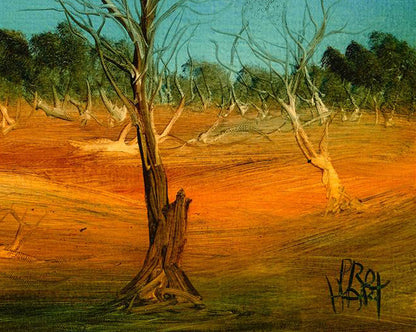 Pro Hart (1928-2006) - Original Oil Painting with COA 'Outback Landscape' - 28.5cm x 36cm