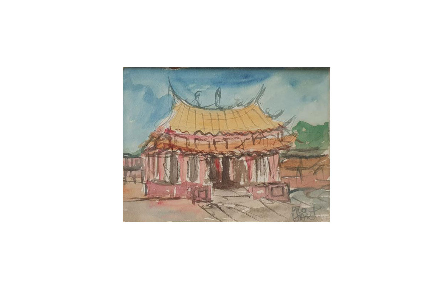 Pro Hart (1928-2006) - Original Watercolour Painting On Board 'Temple Study- Korea' - 17cm x 13cm