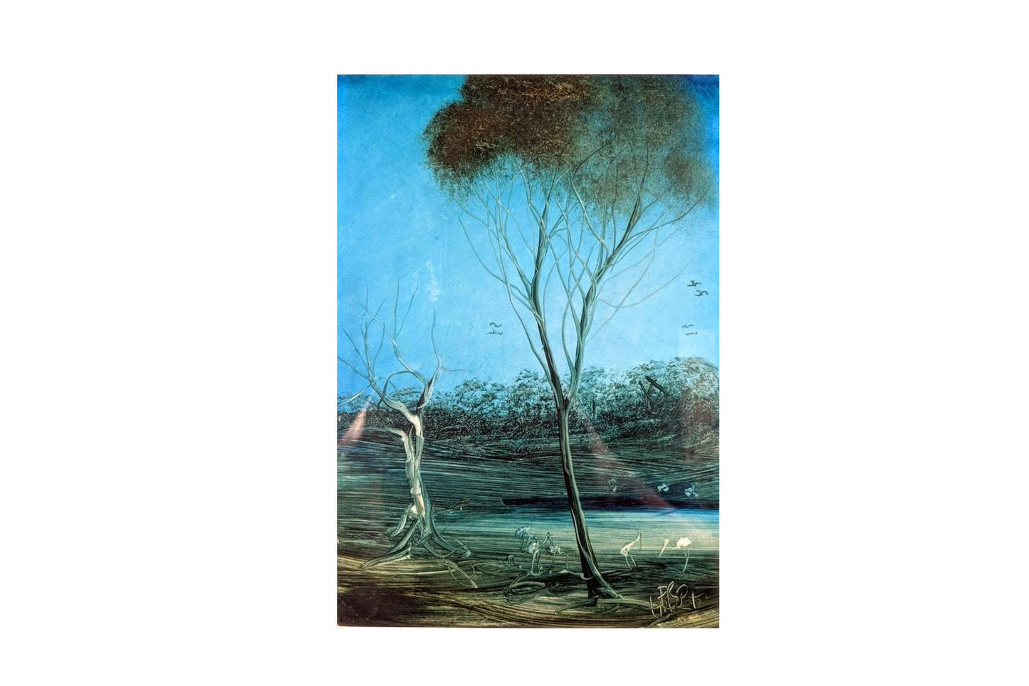 Pro Hart - Original Oil Painting - Blue Swamp - 25cm x 17cm