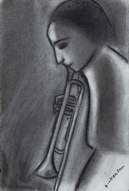 Robert Dickerson (1924-2015), Original Charcoal Drawing 'Trombone Player - 28cm x 18.5cm