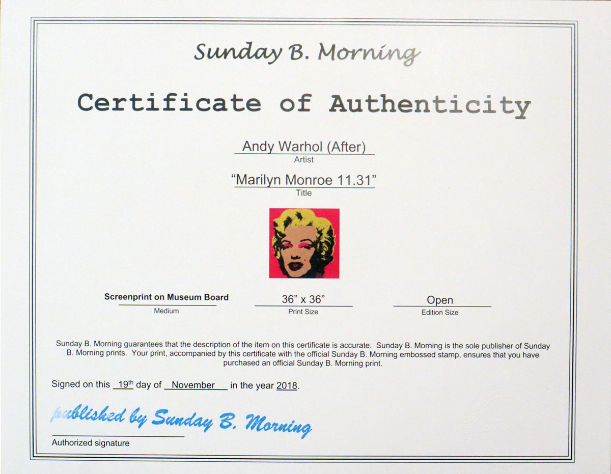 Andy Warhol (1928-1987) 'Marilyn Monroe 11.31' Screenprint by Sunday B Morning with COA