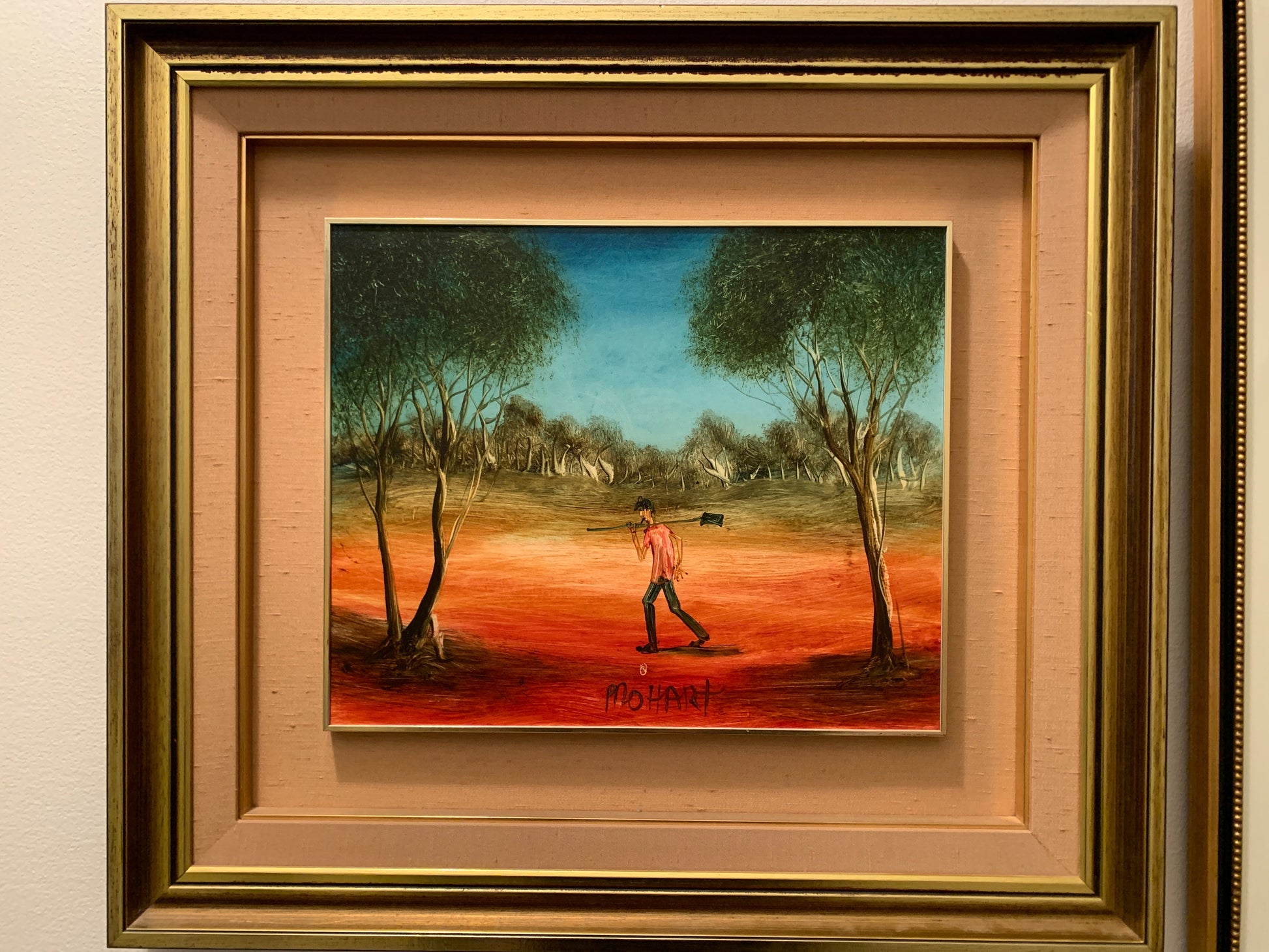 Pro Hart (1928-2006) - Original Oil on Board "Figure in Outback Landscape" - 29cm x 35.5cm